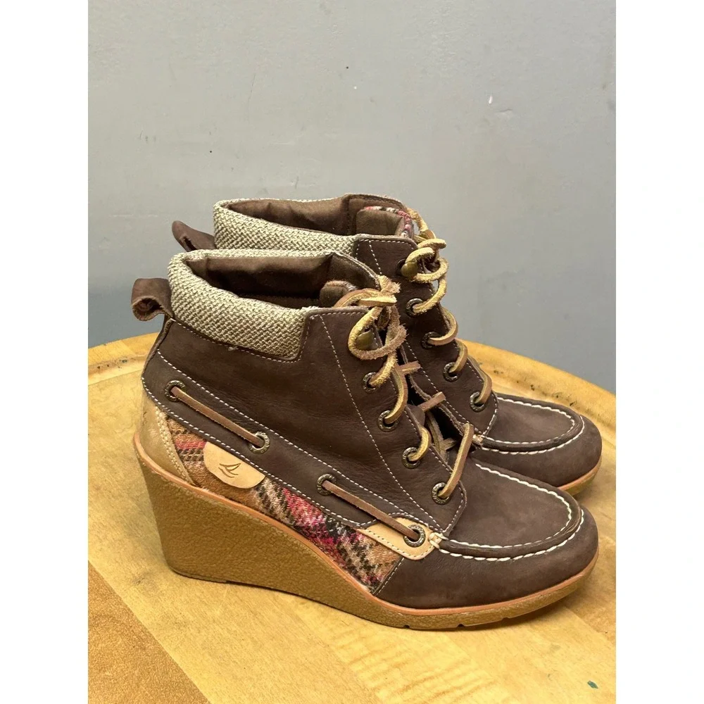 Sperry Top-Sider Wedge Boots Women 5M Brown Leather Plaid Wool Knit Ankle Bootie